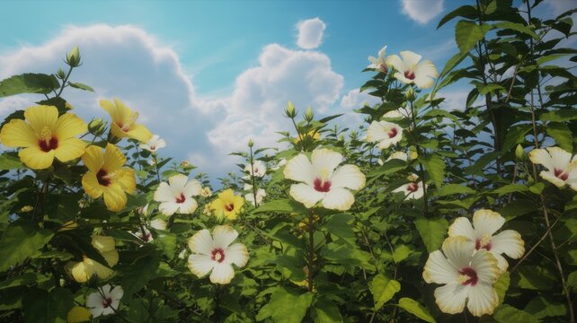 Yellow and White Hibiscus Flowers Blooming in Garden with Blue Sky and Clouds