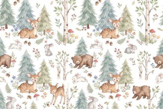 Whimsical watercolor seamless pattern featuring woodland animals like deer bears and rabbits in a gentle forest ideal for childrens textiles and nurse