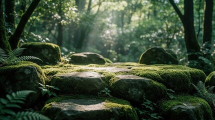 Naklejka premium Sunlight streams through green forest canopy onto moss covered stones and ferns. Peaceful woodland path with rocks and trees creates a serene natural backdrop for meditation or calm themes.