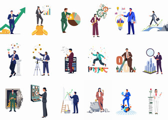 Fototapeta premium Set of Business and Finance Character Illustrations Depicting Investment, Growth, Data Analysis, and Strategic Planning for Corporate Success