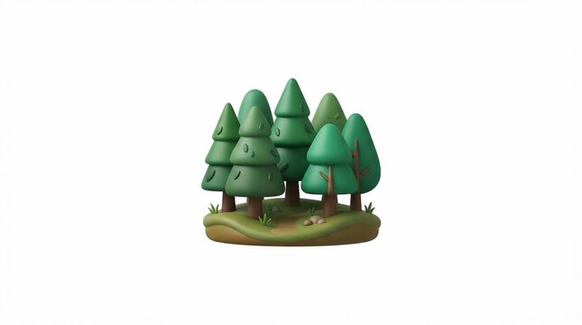 Stylized green forest scenery with miniature pine trees in 3D graphic design on white background