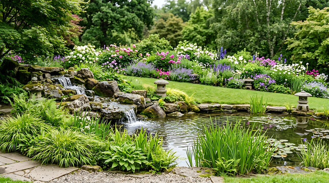 A beautiful garden landscape showcases a lovely cascading waterfall gently flowing into a peaceful pond with colorful blooming flowers all around