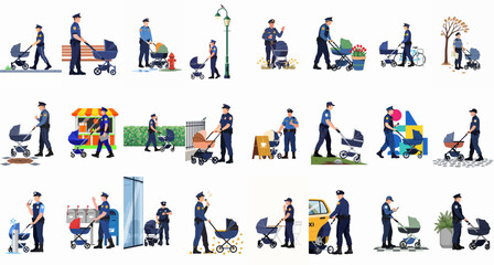 Fototapeta premium Collection of various illustrations featuring a police officer in uniform pushing a baby stroller in different daily life scenarios and urban settings.