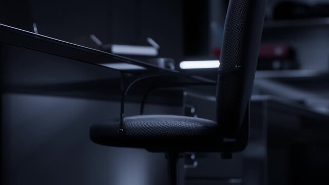 A black office chair sits empty near a sleek desk in a dimly lit room at night. The atmosphere suggests a quiet and unused workspace with tech items around.