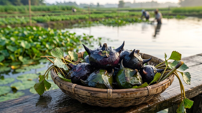 Fresh Water Chestnuts in Basket with Farmers Harvesting in Field, Water Caltrop Singharas
