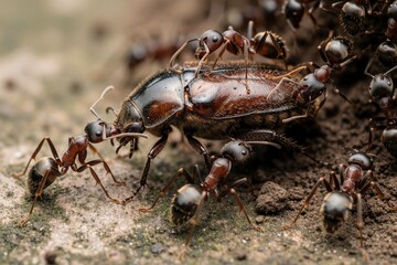 Naklejka premium Ants work together carrying a large brown towards their nest. Macro view shows insect teamwork and struggle in natural habitat. Tiny creatures move food for colony survival.