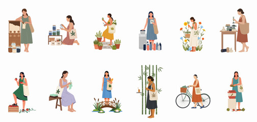 Fototapeta premium Flat illustration set of women practicing a sustainable and eco-friendly lifestyle, including bulk shopping, gardening, and using reusable products on a white background.