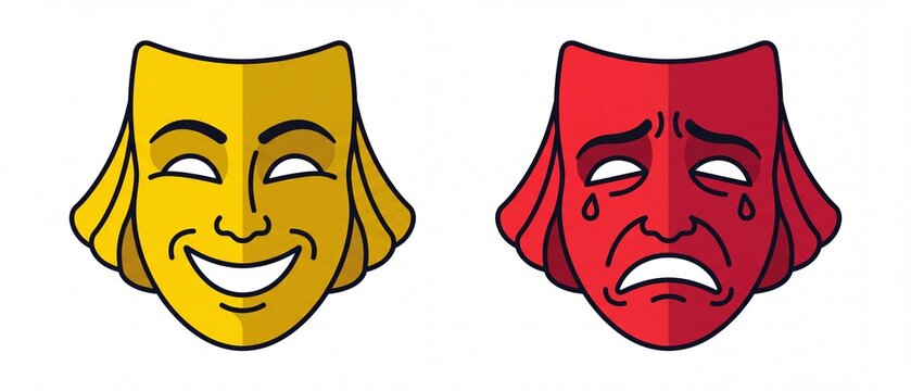 Comedy and tragedy theatrical masks in a modern flat vector design symbolizing drama emotion and performing arts isolated on white background