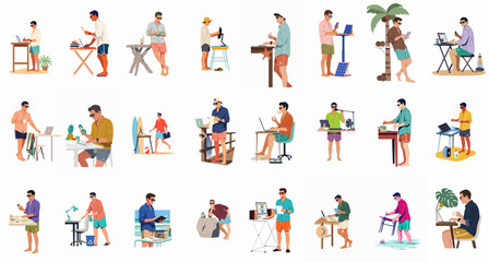 Fototapeta premium Collection of Digital Nomads Working Remotely in Various Summer and Beach Settings, Flat Illustration of Flexible Workspace and Remote Employment Concepts.