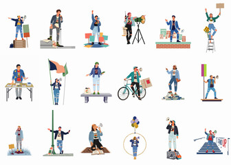 Fototapeta premium Set of Individual Flat Character Illustrations of Young Protesters and Activists Holding Placards, Flags, and Megaphones for Social Justice Movements.
