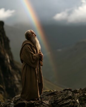 Old man with long white beard praying on a mountain cliff with a rainbow in the sky