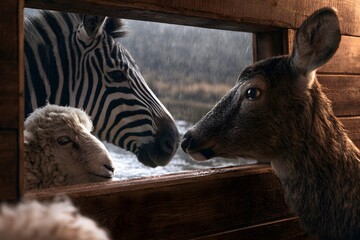 Naklejka premium A zebra, a sheep, and a deer looking out from a wooden window of an ark during a rainstorm