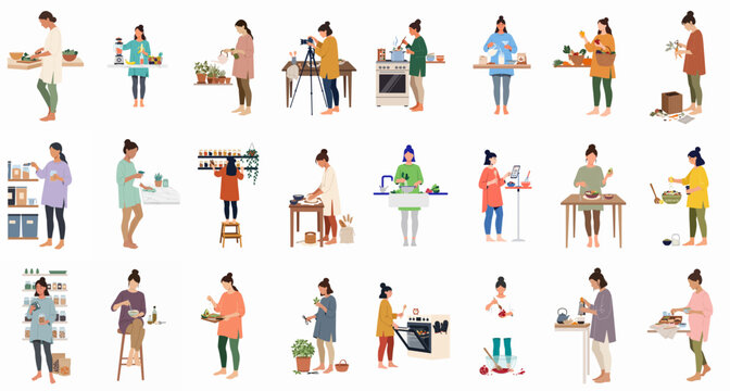 Set of flat vector illustrations depicting women engaged in various daily activities and hobbies at home, including cooking, gardening, and creative crafts.