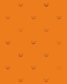 Spooky jack-o-lantern seamless pattern featuring small black pumpkin faces on orange background, perfect for seasonal Halloween festive designs