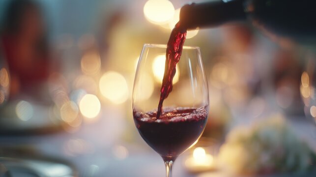 Close-up macro shot of sommelier pouring red wine into crystal glass at upscale restaurant, warm candlelight reflections, 8k commercial photography