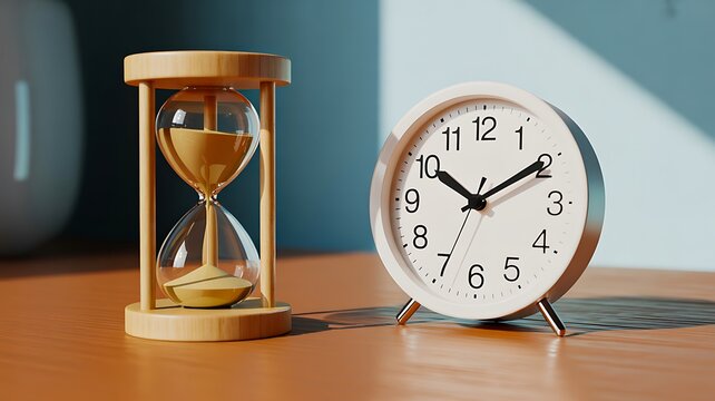 Hourglass and clock representing time management, deadlines, scheduling and productivity
