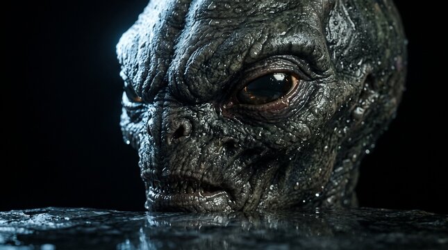 Close up portrait of a mysterious extraterrestrial alien creature emerging from dark water.