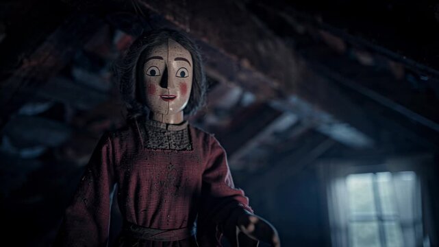 Creepy wooden marionette doll hanging in a dark dusty attic with eerie atmosphere