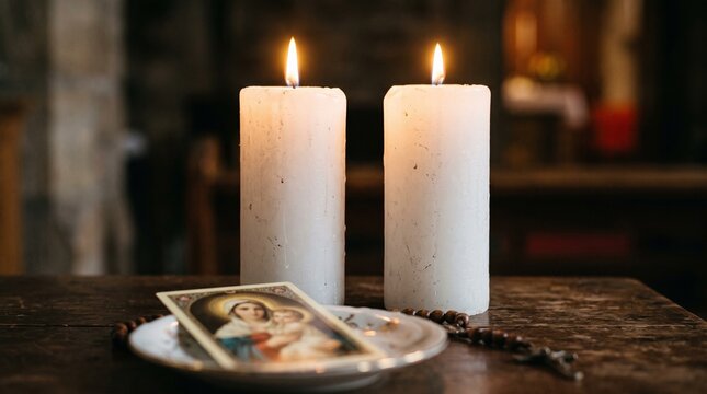 Two white burning candles with a religious icon and rosary beads on a wooden table.