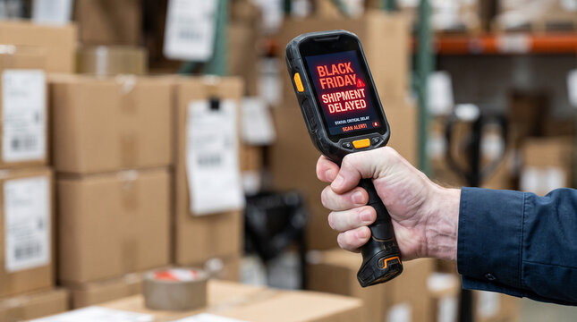 Hand holding scanner with shipment delay alert in warehouse