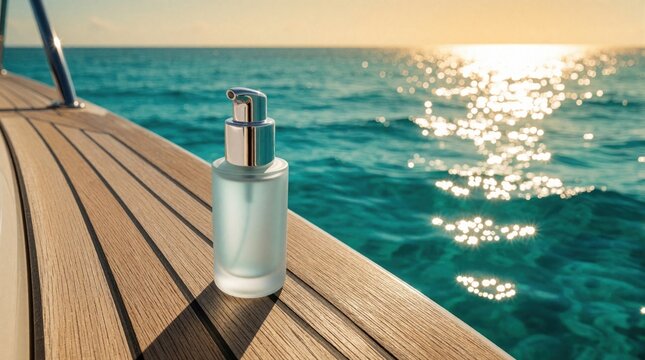 Skincare bottle spray product on brown boat wood deck. Sparkling turquoise calm blue ocean with golden sunlight, yellow sun in sky. Perfect skincare product for women, sea vacation beauty products