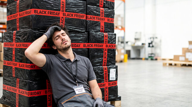 Exhausted warehouse employee leaning against Black Friday packages