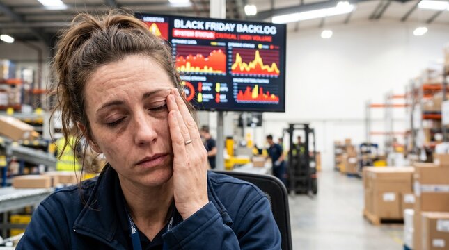 Stressed warehouse manager rubbing tired face during Black Friday backlog