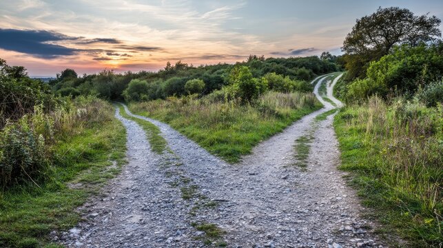 Symbolic crossroads diverging into two paths at golden hour, minimalist aesthetic for wellbeing and life guidance