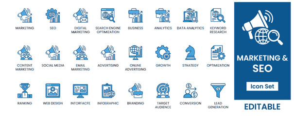 Fototapeta premium Marketing and SEO icon set in blue color style for digital business growth.