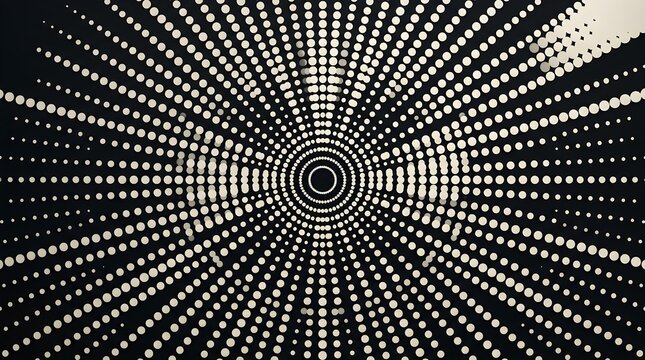Abstract black and white radial halftone pattern with concentric circles and dotted rays