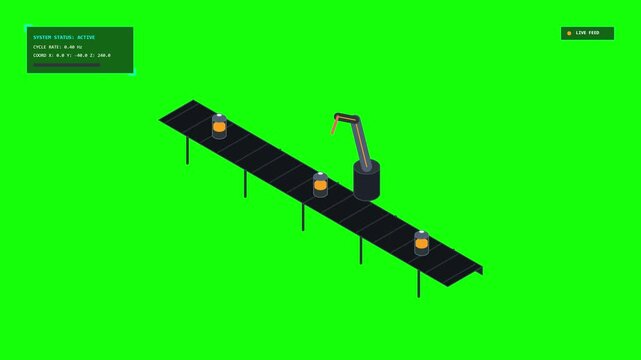 An automated assembly line featuring an industrial robotic arm