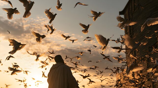 A man in ancient robes standing before a large wooden structure as a massive flock of white doves fills the sunset sky