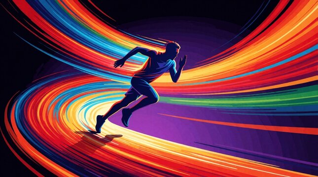 Runner silhouette moves fast with colorful energy trails. Abstract graphic depicts motion, speed, and vibrant power for sports or fitness themes.