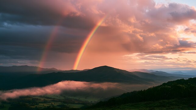 Double rainbow over misty mountains at sunset