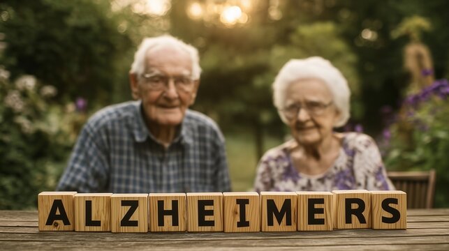 Alzheimer's awareness concept with senior couple and wooden letter tiles