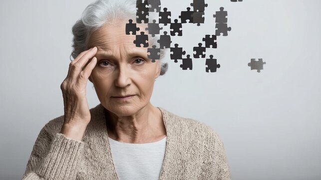 Elderly woman touching her temple with missing puzzle pieces symbolizing memory loss and dementia