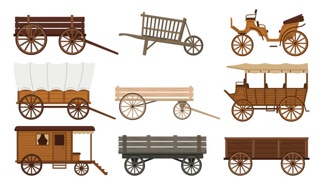 Vintage wooden carriage and wagon vector element set with old western stagecoach covered pioneer cart chariot and wheelbarrow isolated on white background.