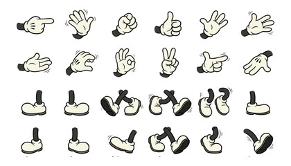 Vintage Cartoon Hands and Legs Vector Asset Set with Gloved Hands Gestures and Booted Character Legs for Retro Animation Design Projects © akin