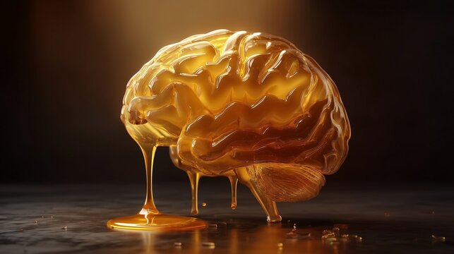 Melting golden brain sculpture dripping onto a reflective surface