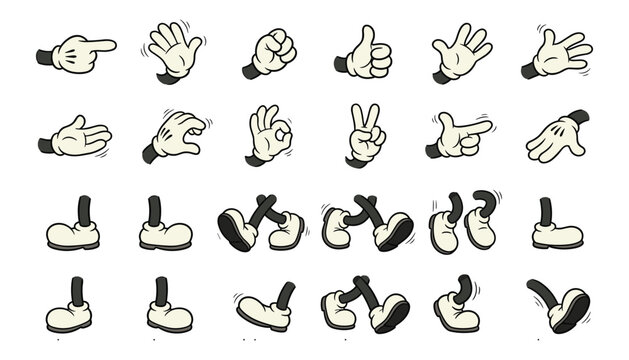 Vintage Cartoon Hands and Legs Vector Asset Set with Gloved Hands Gestures and Booted Character Legs for Retro Animation Design Projects