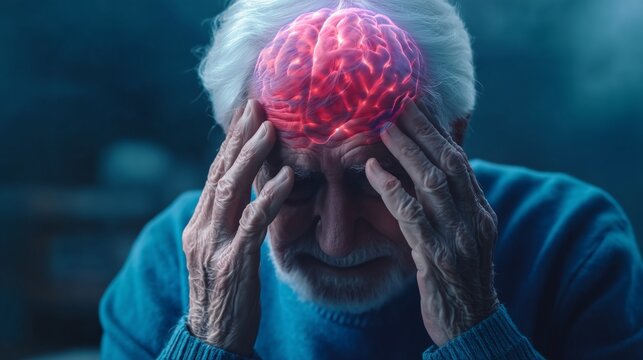 Elderly man holding his head with glowing brain overlay