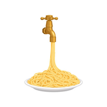 Brass faucet pouring spaghetti noodles onto a plate