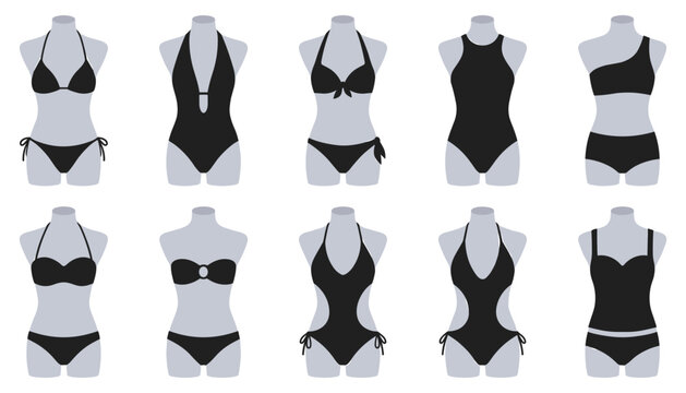 Women Swimwear Silhouette Set on Mannequin Torso with Bikini One Piece Swimsuits Monokini and Tankini Styles for Fashion Retail Designs
