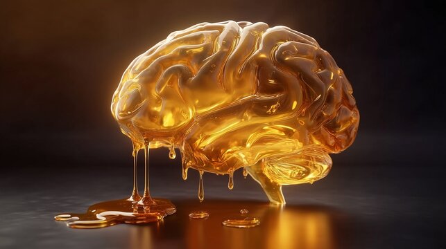 Surreal melting golden human brain dripping liquid on a dark background
