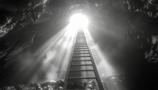 Ladder leading to light at top of dark rocky cavern