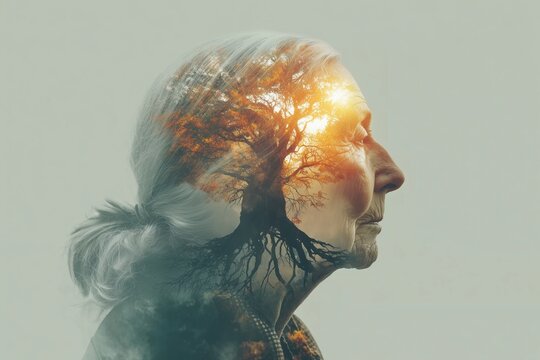 Elderly Woman Profile with Double Exposure Tree and Sunlight