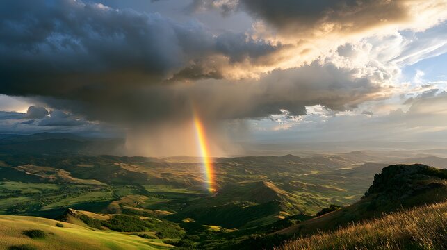 Vibrant rainbow emerges from dark storm clouds over rolling green hills and mountains