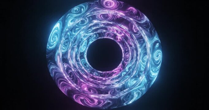 Abstract neon glowing rings of light forming a circular portal on a dark background. 4K Video