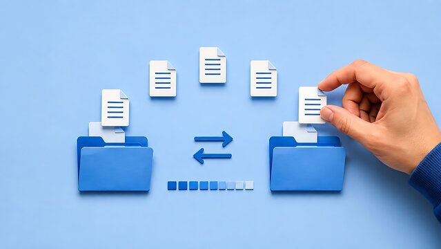 Document Management And File Transfer Synchronization Concept With Folders On Blue Background