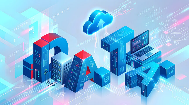 Abstract data word composed of digital server technology and blue cloud computing elements for business analytics.